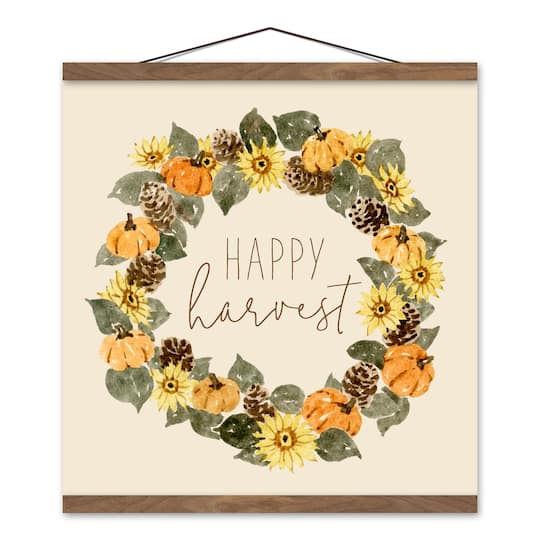 Happy Harvest Sunflower Wreath Teak Hanging Canvas